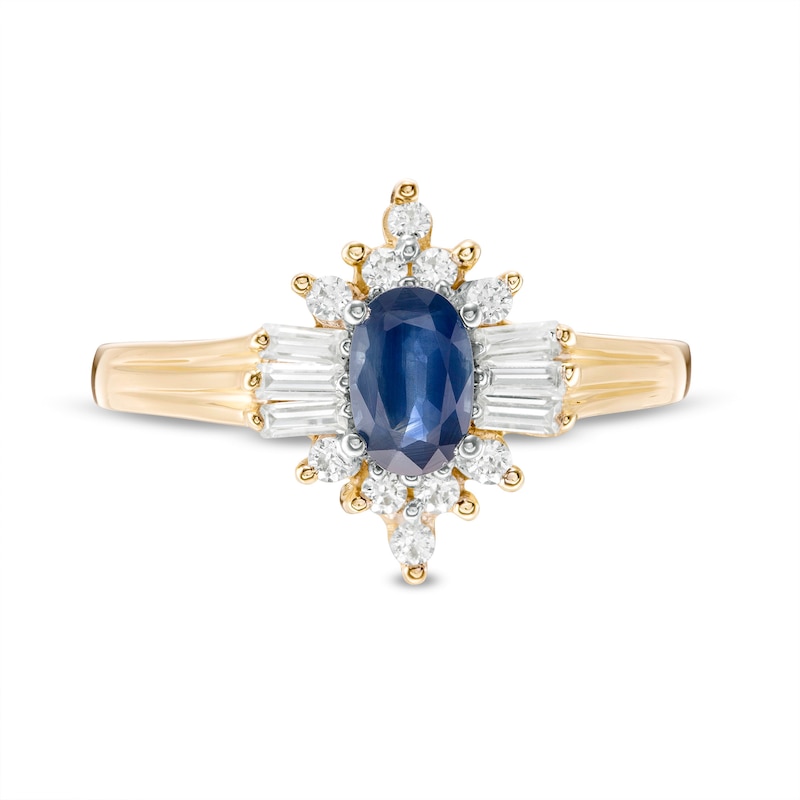 Oval Blue Sapphire and 1/3 CT. T.W. Diamond Starburst Frame Ribbed Shank Ring in 14K Gold