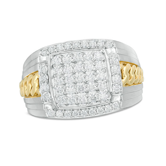 1-1/2 CT. T.w. Composite Diamond Cushion Frame Chain Link Shank Ring in 10K Two-Tone Gold