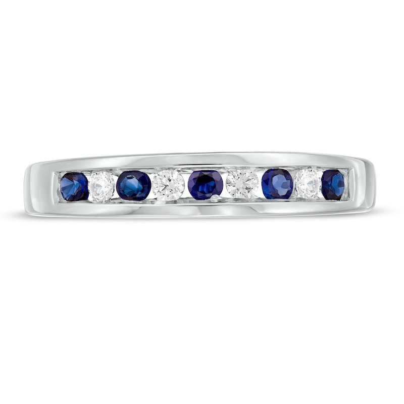 Blue Sapphire and 1/8 CT. T.W. Diamond Channel-Set Alternating Band in 14K White Gold