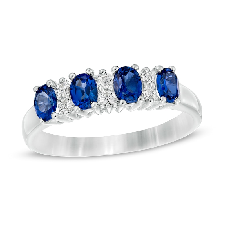 Oval Blue Sapphire and 1/10 CT. T.W. Diamond Duo Alternating Four Stone ...