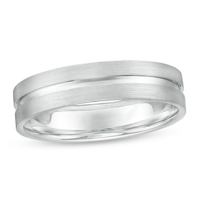 Men's 5.0mm Multi-Finish Center Groove Comfort-Fit Wedding Band in 10K  White Gold - Size 10
