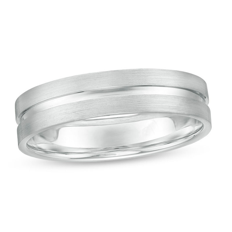Main Image 1 of 5.0mm Multi-Finish Center Groove Comfort-Fit Wedding Band in 10K White Gold - Size 10