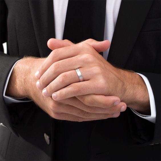 Men's 5.0mm Multi-Finish Center Groove Comfort-Fit Wedding Band in 10K White Gold - Size 10