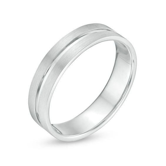 Men's 5.0mm Multi-Finish Center Groove Comfort-Fit Wedding Band in 10K White Gold - Size 10