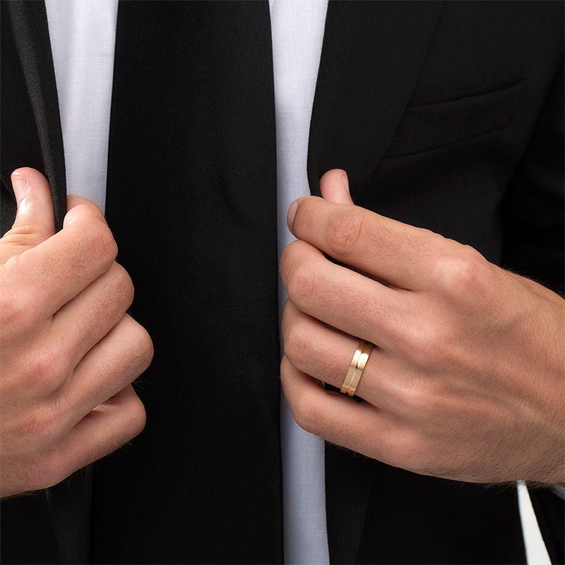 Main Image 2 of Men's 5.0mm Multi-Finish Center Groove Comfort-Fit Wedding Band in 10K Gold - Size 10