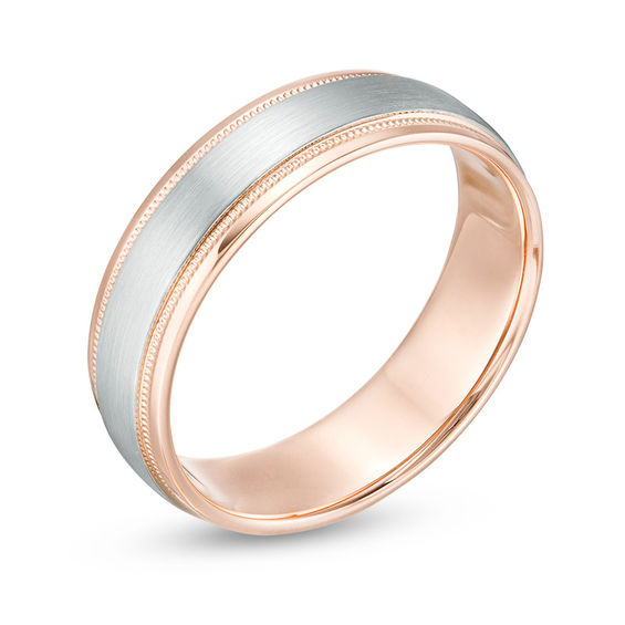 6.0mm Multi-Finish Center Stripe Milgrain Comfort-Fit Wedding Band in 10K Two-Tone Gold - Size 10