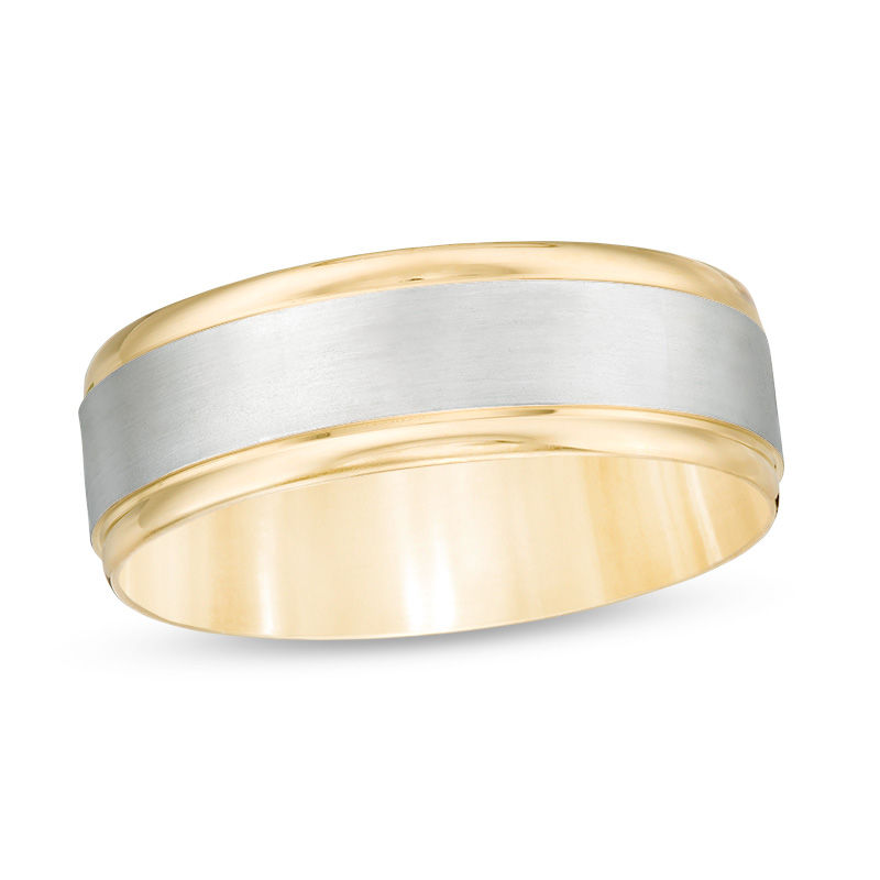 Main Image 1 of 7.0mm Multi-Finish Center Stripe Beveled Edge Comfort-Fit Wedding Band in 10K Two-Tone Gold - Size 10