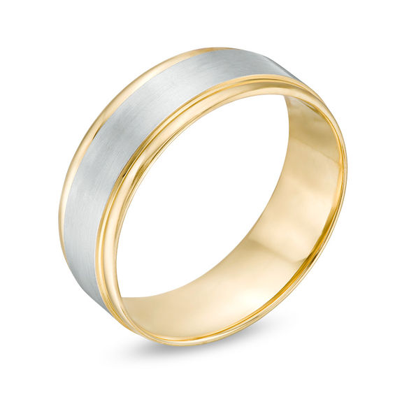 7.0mm Multi-Finish Center Stripe Beveled Edge Comfort-Fit Wedding Band in 10K Two-Tone Gold - Size 10