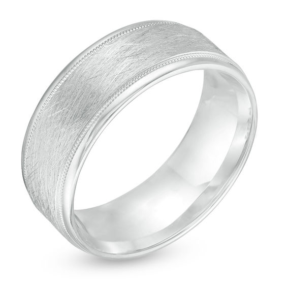 8.0mm Multi-Finish Center Stripe Beveled Edge Comfort-Fit Wedding Band in 10K White Gold - Size 10