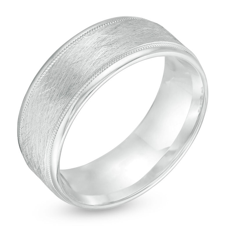 Main Image 3 of 8.0mm Multi-Finish Center Stripe Beveled Edge Comfort-Fit Wedding Band in 10K White Gold - Size 10