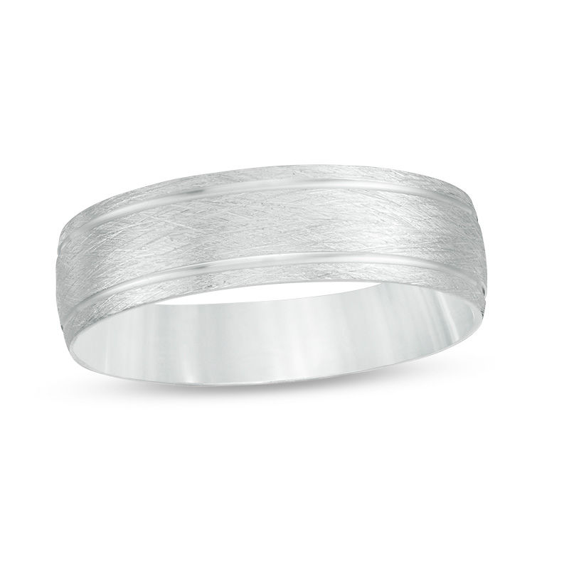 Main Image 1 of Men's 6.0mm Textured Double Groove Comfort-Fit Wedding Band in 10K White Gold