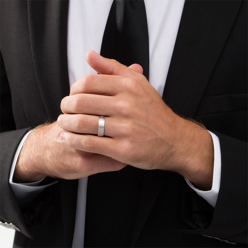 Main Image 2 of Men's 6.0mm Textured Double Groove Comfort-Fit Wedding Band in 10K White Gold
