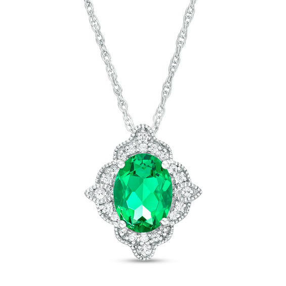 Oval Lab-Created Emerald and White Sapphire Scallop Frame Vintage-Style Pendant in Sterling Silver Oval Lab-Created Emerald and White Sapphire Scallop Frame Vintage-Style Pendant in Sterling Silver