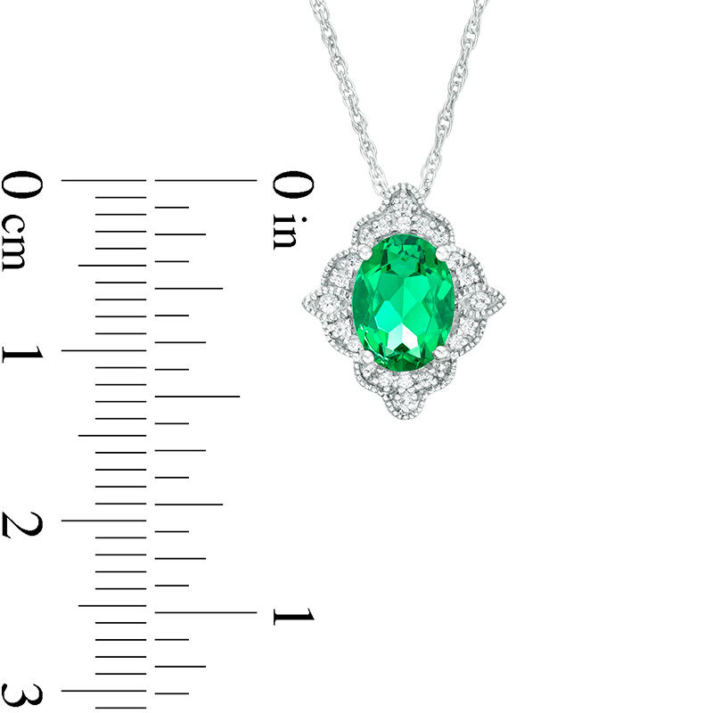 Oval Lab-Created Emerald and White Sapphire Scallop Frame Vintage-Style Pendant in Sterling Silver
