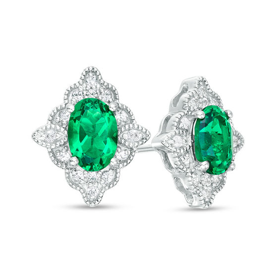 Oval Lab-Created Emerald and White Sapphire Scallop Frame Vintage-Style Stud Earrings in Sterling Silver Oval Lab-Created Emerald and White Sapphire Scallop Frame Vintage-Style Stud Earrings in Sterling Silver