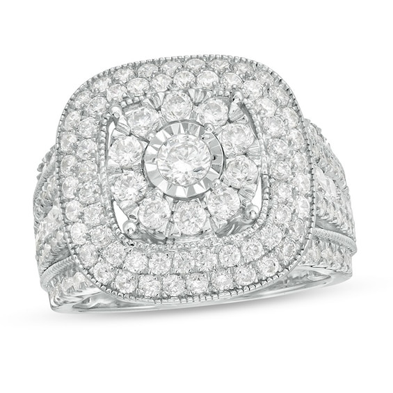 2 CT. T.w. Multi-Diamond Triple Cushion Frame Split Shank Vintage-Style Ring in 10K White Gold