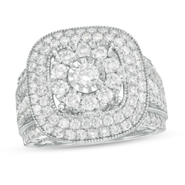 2 CT. T.W. Multi-Diamond Triple Cushion Frame Split Shank Vintage-Style Ring in 10K White Gold