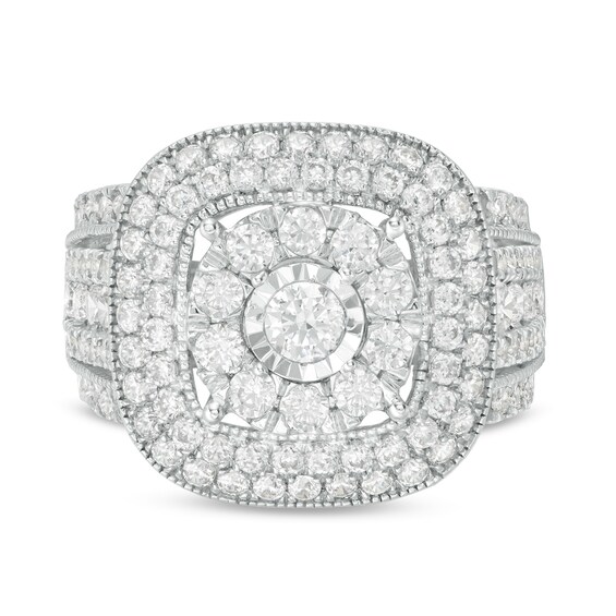 2 CT. T.w. Multi-Diamond Triple Cushion Frame Split Shank Vintage-Style Ring in 10K White Gold