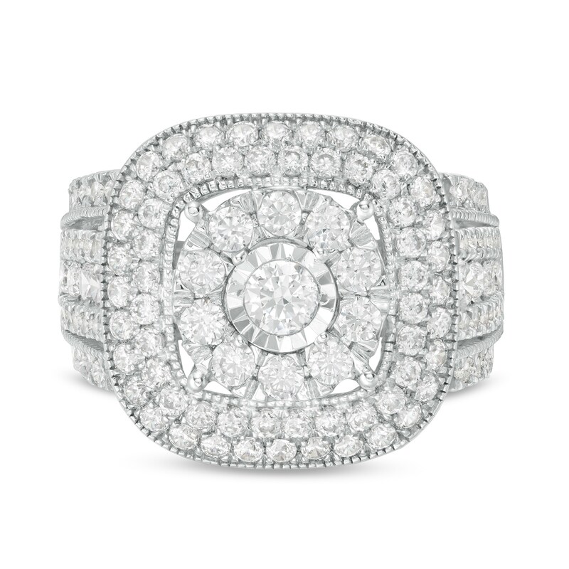 Main Image 4 of 2 CT. T.W. Multi-Diamond Triple Cushion Frame Split Shank Vintage-Style Ring in 10K White Gold