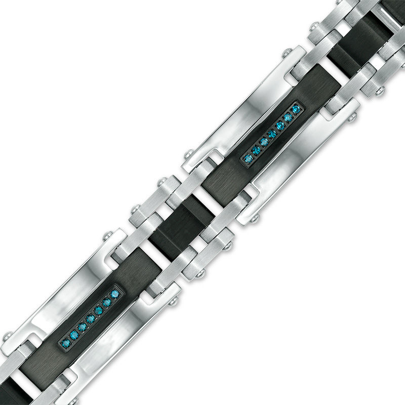 Men's 1/4 CT. T.W. Enhanced Blue Diamond Center Stripe Rectangle Link Bracelet in Two-Tone Stainless Steel - 8.5"