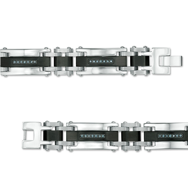 Main Image 3 of Men's 1/4 CT. T.W. Enhanced Blue Diamond Center Stripe Rectangle Link Bracelet in Two-Tone Stainless Steel - 8.5"
