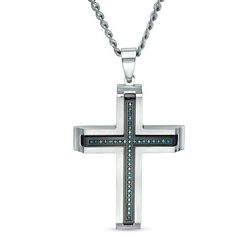 Main Image 1 of Men's 1/5 CT. T.W. Enhanced Blue Diamond Inlay Bevelled Satin-Finish Cross Pendant in Two-Tone Stainless Steel - 24"