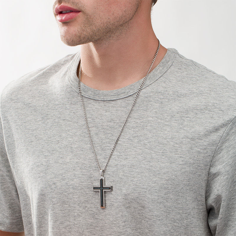 Main Image 2 of Men's 1/5 CT. T.W. Enhanced Blue Diamond Inlay Bevelled Satin-Finish Cross Pendant in Two-Tone Stainless Steel - 24"