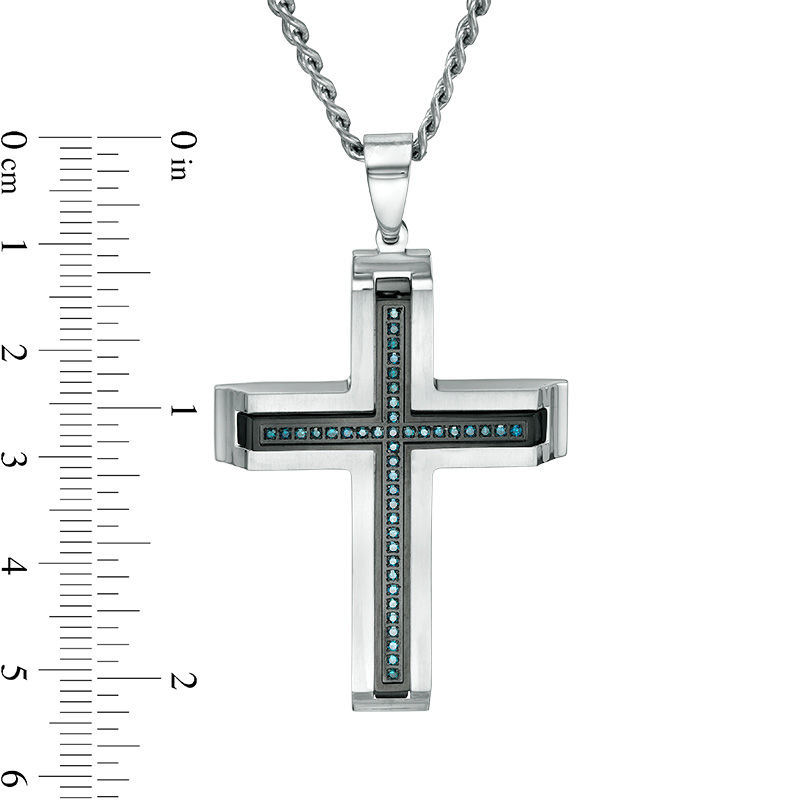 Main Image 3 of Men's 1/5 CT. T.W. Enhanced Blue Diamond Inlay Bevelled Satin-Finish Cross Pendant in Two-Tone Stainless Steel - 24"