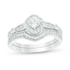 Thumbnail Image 0 of 4.0mm Cushion-Cut Lab-Created White Sapphire Frame Vintage-Style Bridal Set in 10K White Gold