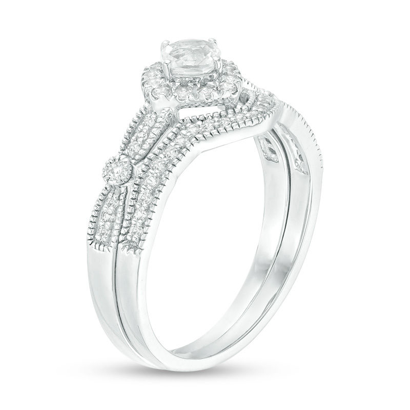 4.0mm Cushion-Cut Lab-Created White Sapphire Frame Vintage-Style Bridal Set in 10K White Gold