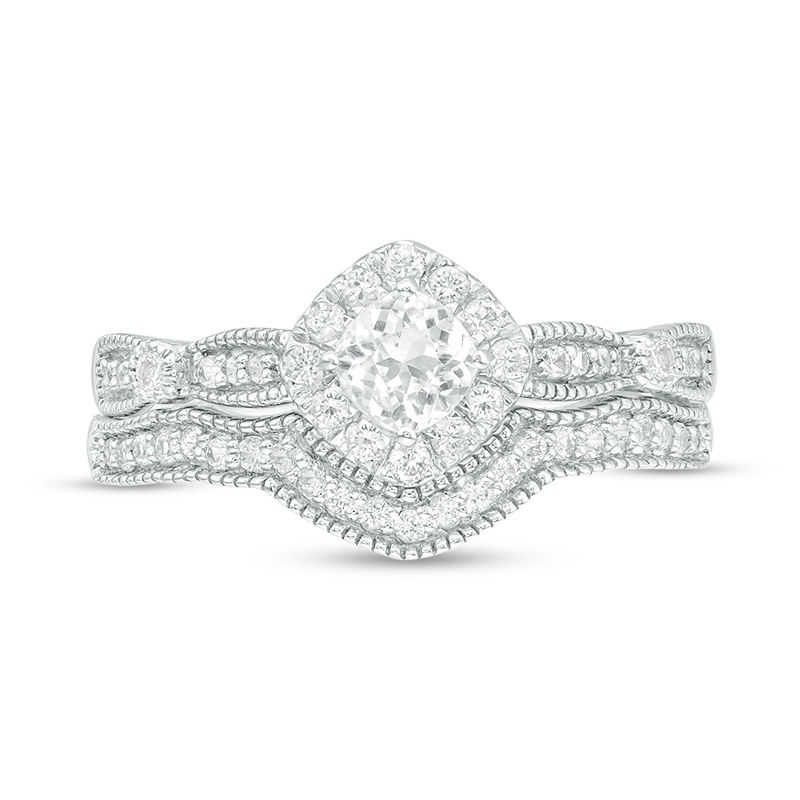 4.0mm Cushion-Cut Lab-Created White Sapphire Frame Vintage-Style Bridal Set in 10K White Gold