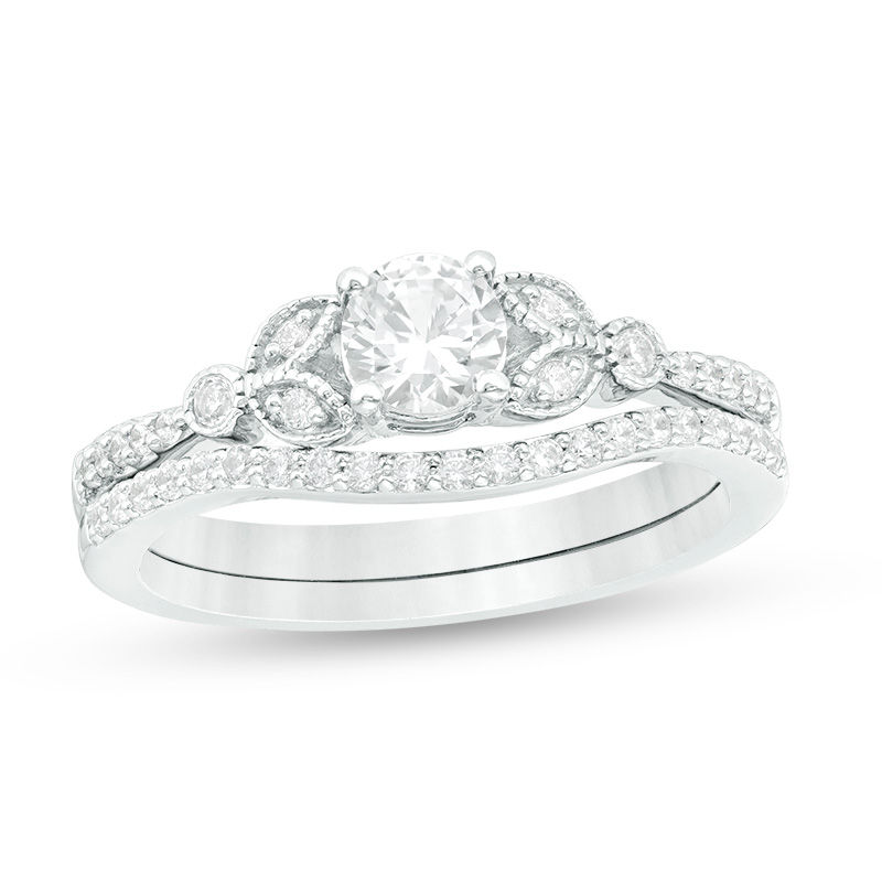 4.5mm Lab-Created White Sapphire and 1/6 CT. T.W. Diamond Leaf-Sides Vintage-Style Bridal Set in Sterling Silver