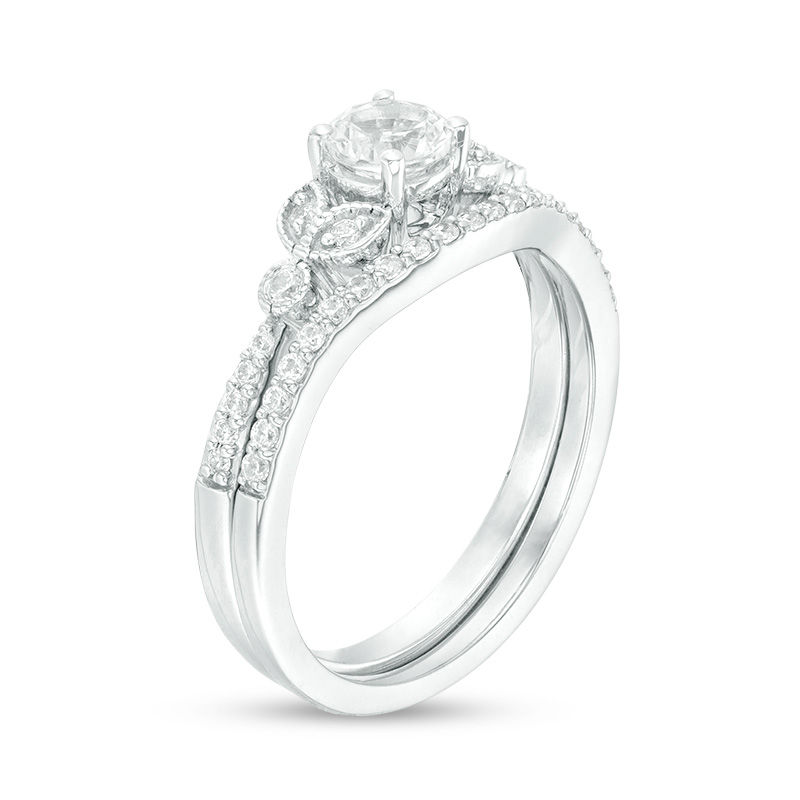 4.5mm Lab-Created White Sapphire and 1/6 CT. T.W. Diamond Leaf-Sides Vintage-Style Bridal Set in Sterling Silver