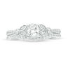 Thumbnail Image 3 of 4.5mm Lab-Created White Sapphire and 1/6 CT. T.W. Diamond Leaf-Sides Vintage-Style Bridal Set in Sterling Silver