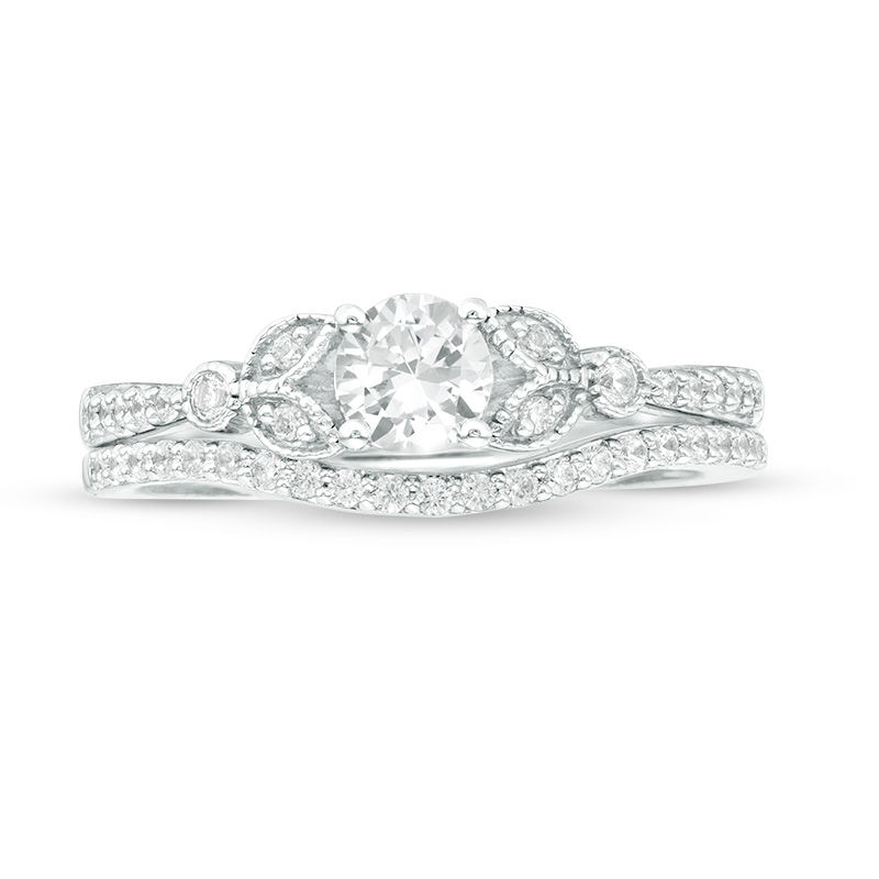 4.5mm Lab-Created White Sapphire and 1/6 CT. T.W. Diamond Leaf-Sides Vintage-Style Bridal Set in Sterling Silver