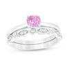 5.0mm Lab-Created Pink Sapphire and 1/10 CT. T.W. Diamond Vintage-Style Bridal Set in 10K White Gold