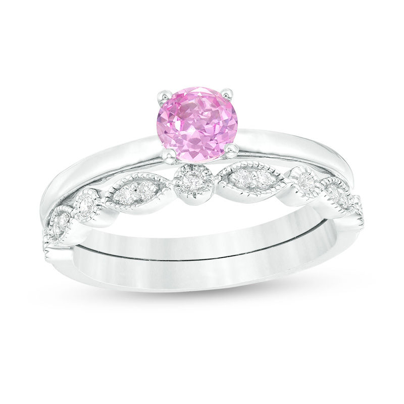 5.0mm Lab-Created Pink Sapphire and 1/10 CT. T.W. Diamond Vintage-Style Bridal Set in 10K White Gold