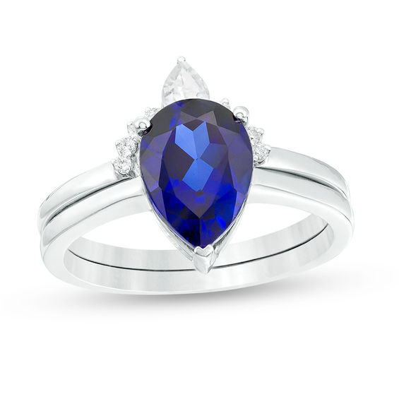 Pear-Shaped Lab-Created Blue Sapphire, White Topaz and 1/20 CT. T.w. Diamond Crown Bridal Set in 10K White Gold