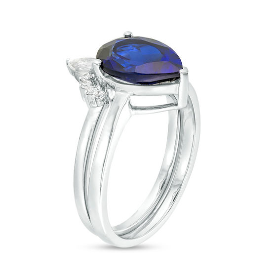 Pear-Shaped Lab-Created Blue Sapphire, White Topaz and 1/20 CT. T.w. Diamond Crown Bridal Set in 10K White Gold