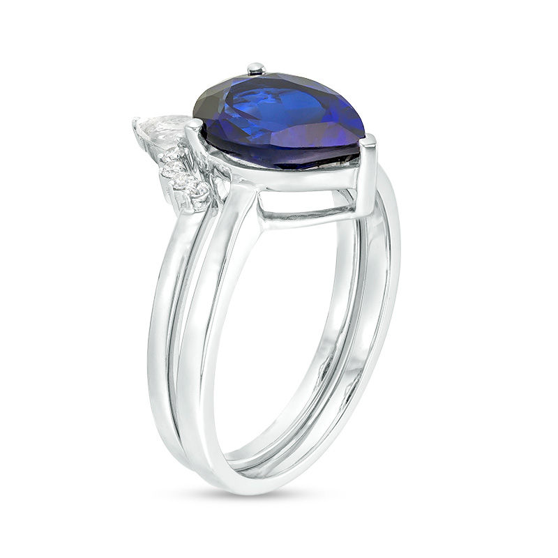 Pear-Shaped Lab-Created Blue Sapphire, White Topaz and 1/20 CT. T.W. Diamond Crown Bridal Set in 10K White Gold