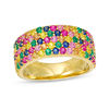 Thumbnail Image 1 of Lab-Created Multi-Color Sapphire, Ruby and Emerald Multi-Row Ring in Sterling Silver with 18K Gold Plate