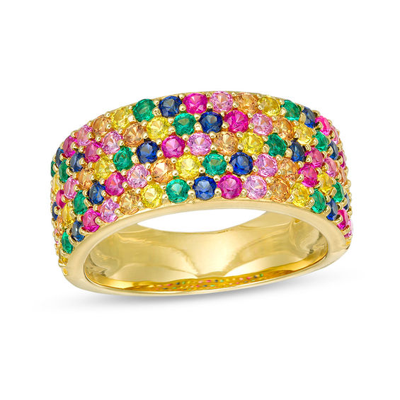 Lab-Created Multi-Color Sapphire, Ruby and Emerald Multi-Row Ring in Sterling Silver with 18K Gold Plate