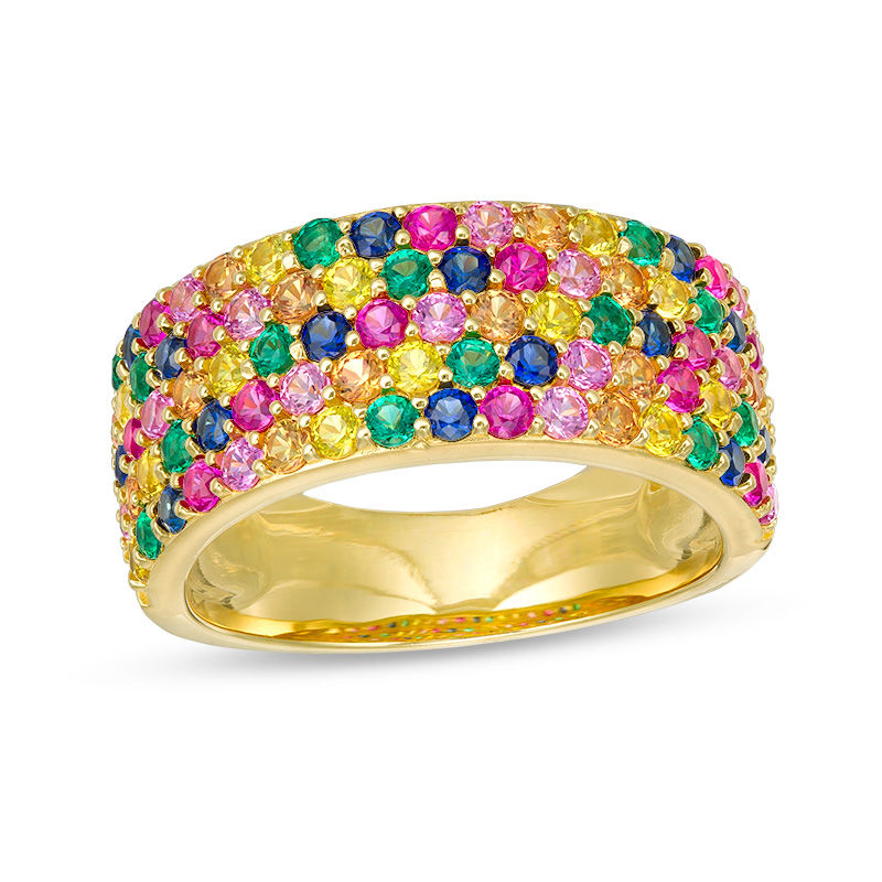 Main Image 1 of Lab-Created Multi-Color Sapphire, Ruby and Emerald Multi-Row Ring in Sterling Silver with 18K Gold Plate