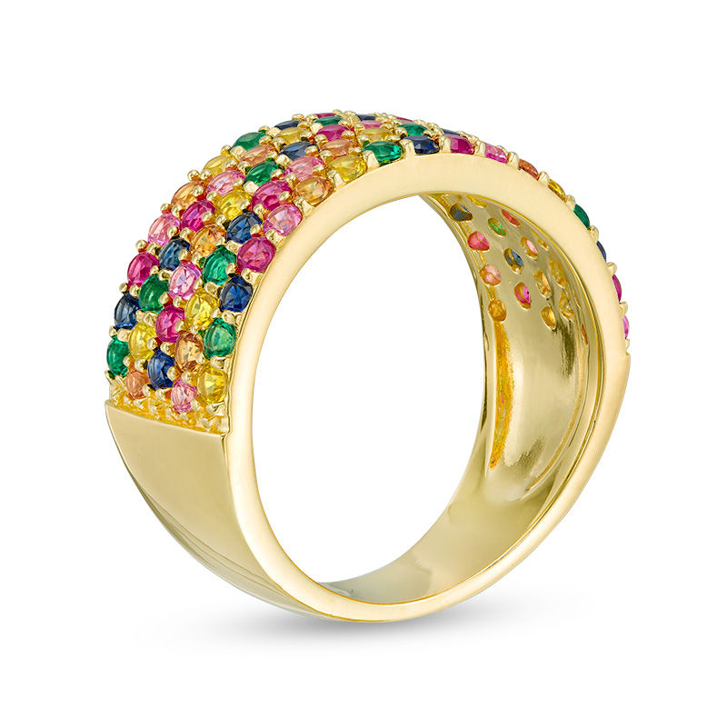 Main Image 3 of Lab-Created Multi-Color Sapphire, Ruby and Emerald Multi-Row Ring in Sterling Silver with 18K Gold Plate