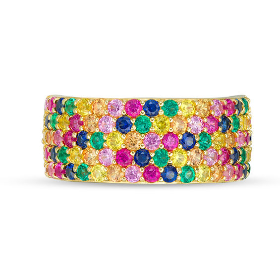 Lab-Created Multi-Color Sapphire, Ruby and Emerald Multi-Row Ring in Sterling Silver with 18K Gold Plate