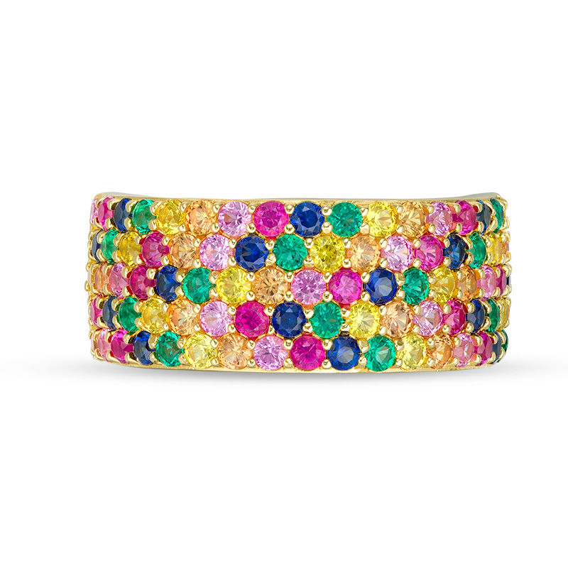 Main Image 4 of Lab-Created Multi-Color Sapphire, Ruby and Emerald Multi-Row Ring in Sterling Silver with 18K Gold Plate