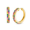 Thumbnail Image 1 of Lab-Created Multi-Color Sapphire, Ruby and Emerald Huggie Hoop Earrings in Sterling Silver with 18K Gold Plate