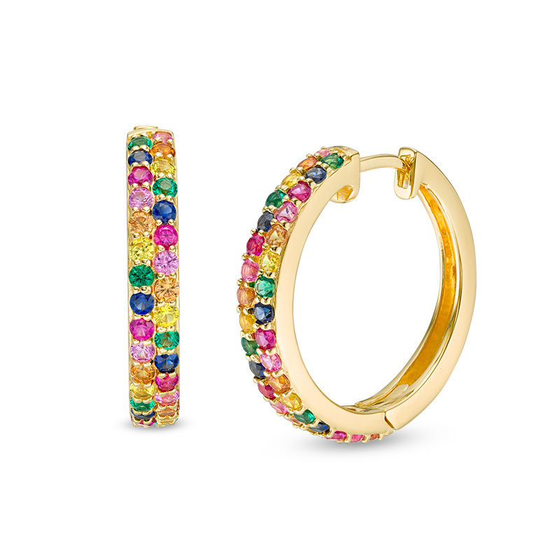 Main Image 1 of Lab-Created Multi-Color Sapphire, Ruby and Emerald Huggie Hoop Earrings in Sterling Silver with 18K Gold Plate