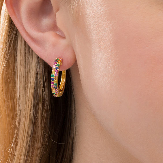 Lab-Created Multi-Color Sapphire, Ruby and Emerald Huggie Hoop Earrings in Sterling Silver with 18K Gold Plate