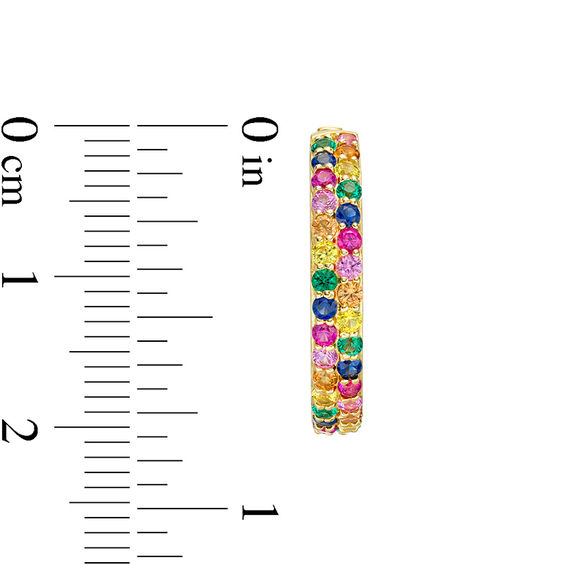 Lab-Created Multi-Color Sapphire, Ruby and Emerald Huggie Hoop Earrings in Sterling Silver with 18K Gold Plate